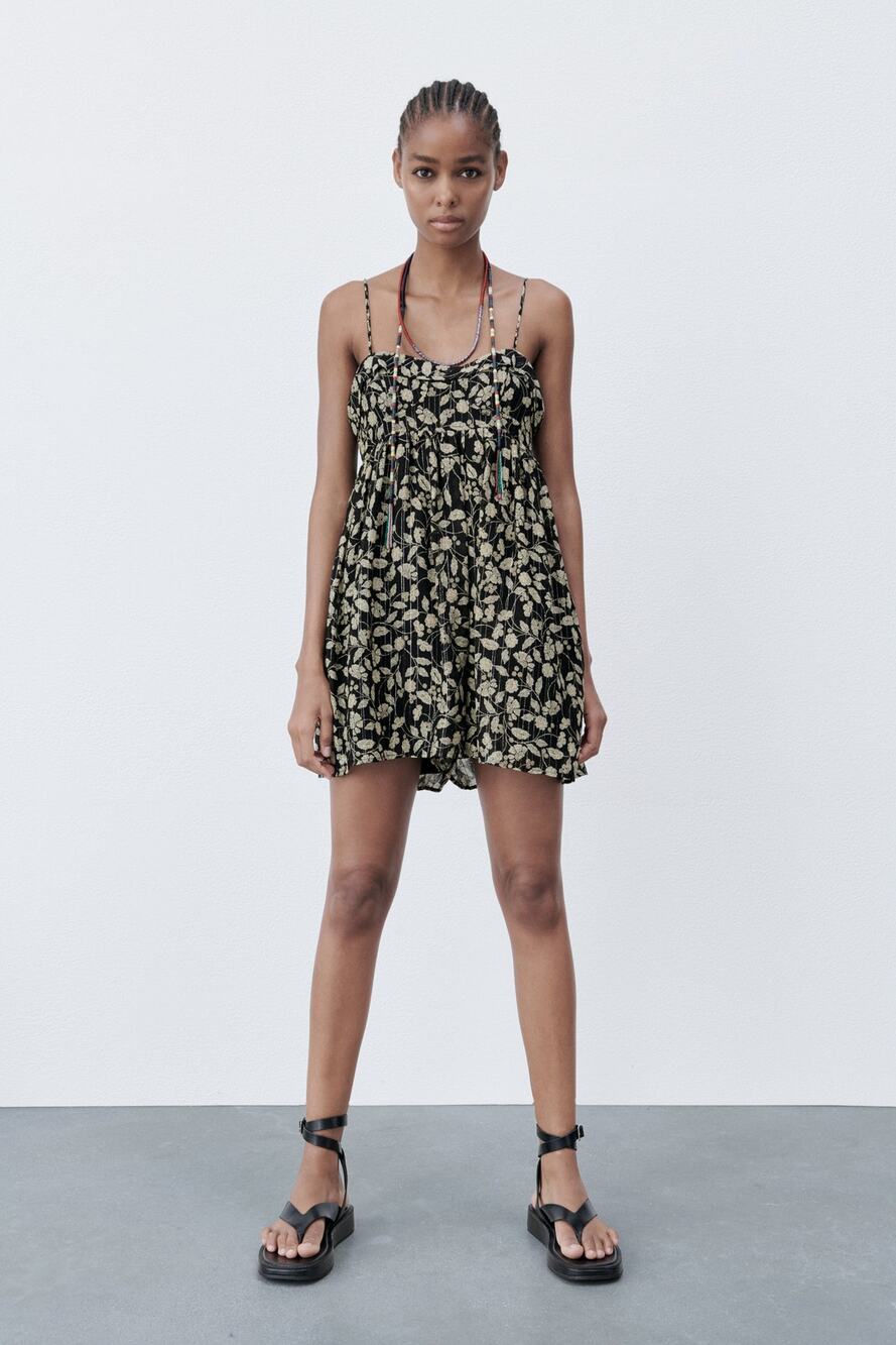 NEW ZARA Printed Jumpsuit with Metallic Thread Floral Gold Romper Babydoll XXL